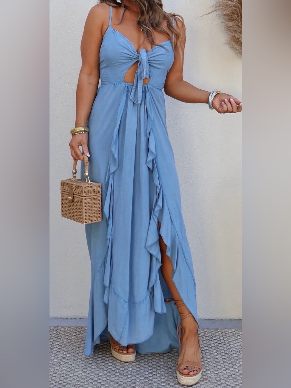 Women's Blue Ruffled Maxi Dress - Size Medium